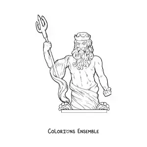 Image à colorier de Poséidon, le dieu de la mer, réaliste avec son trident