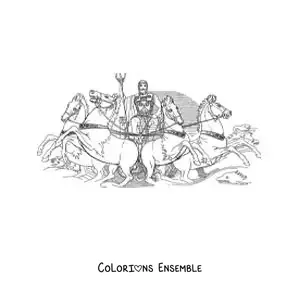 Image à colorier du dieu Poséidon avec son trident et ses chevaux
