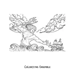 Image à colorier de Poséidon déchaînant la mer pour faire chavirer le bateau d’Ulysse