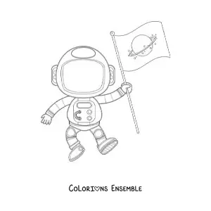 Image à colorier d’un astronaute en dessin animé tenant un drapeau