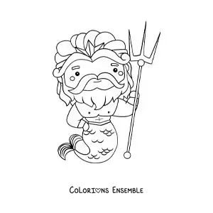 Image à colorier de Poséidon en version dessin animé kawaii, avec un trident