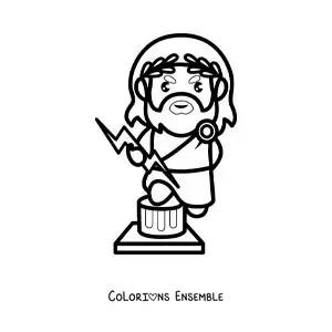Image à colorier du dieu Zeus en version kawaii dessin animé, avec un éclair