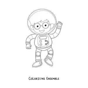 Image à colorier d’un petit garçon astronaute qui salue