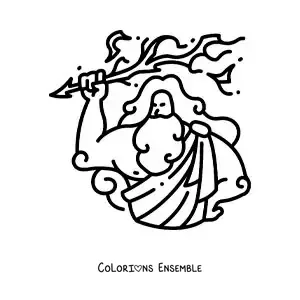 Image à colorier du dieu grec Zeus, en version dessin animé, en train de lancer un éclair