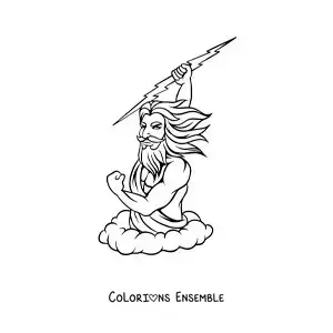 Image à colorier du dieu grec Zeus en train de lancer un éclair dans le ciel