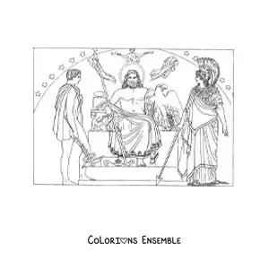 Image à colorier de Zeus avec Athéna et Hermès sur son trône, sur l’Olympe