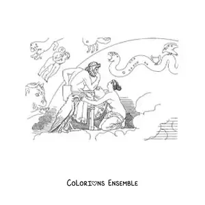 Image à colorier de Thétis et de Zeus sur son trône
