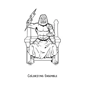 Image à colorier du dieu Zeus en train de lancer un éclair sur son trône
