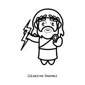 Image à colorier du dieu de la mythologie grecque Zeus, en version kawaii tout mignon, avec un éclair
