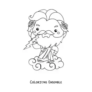 Image à colorier de Zeus en version dessin animé kawaii, en train de lancer un éclair depuis un nuage