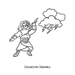 Image à colorier de Zeus, le dieu grec, en version dessin animé, en train de lancer des éclairs
