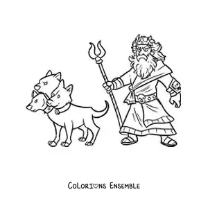 Image à colorier du dieu Hadès en version dessin animé, avec son chien Cerbère