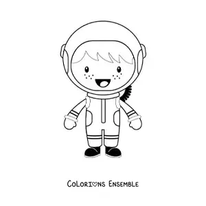 Image à colorier d’un petit garçon astronaute souriant en dessin animé