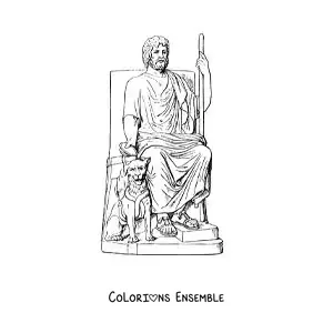 Image à colorier du dieu Hadès réaliste sur son trône, avec Cerbère
