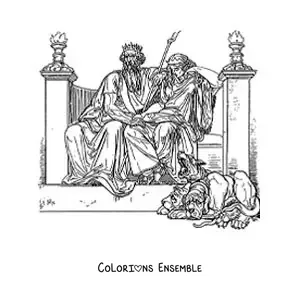 Image à colorier d’Hadès et de Perséphone aux Enfers, avec Cerbère
