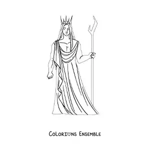 Image à colorier d’Hadès, le dieu grec, en version dessin animé, avec son bident