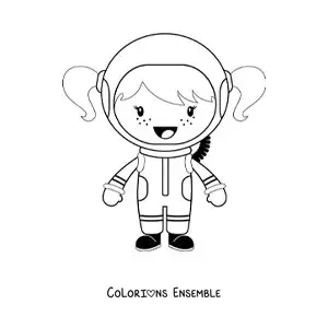 Image à colorier d’une petite fille astronaute souriante en dessin animé