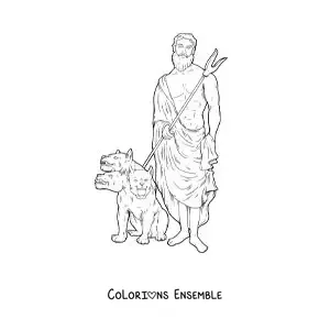 Image à colorier d’Hadès réaliste avec son chien à trois têtes Cerbère