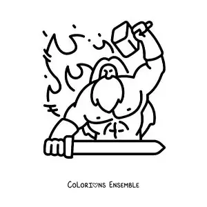 Image à colorier d’Héphaïstos en version dessin animé, en train de forger une épée dans sa forge