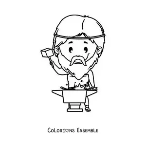Image à colorier d’Héphaïstos, le dieu forgeron, en version dessin animé kawaii
