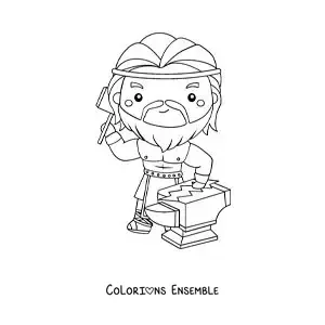 Image à colorier du dieu grec Héphaïstos en version dessin animé kawaii, en train de forger un éclair