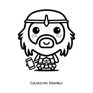 Image à colorier du dieu grec Héphaïstos et de son marteau, en version kawaii