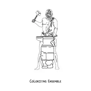 Image à colorier du dieu Héphaïstos réaliste en train de forger une épée