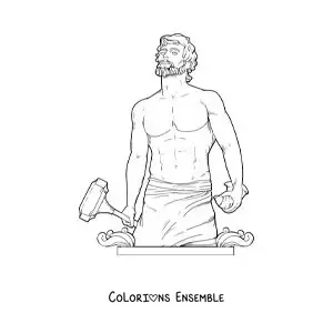 Image à colorier d’Héphaïstos, le dieu grec, réaliste avec son marteau