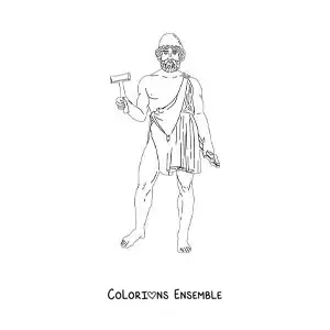Image à colorier d’Héphaïstos, le dieu forgeron, avec son marteau