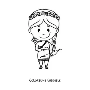 Image à colorier de la déesse Artémis en version dessin animé kawaii