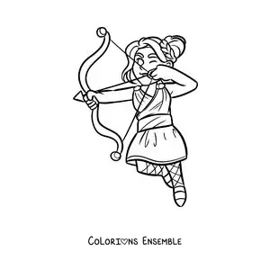 Image à colorier de la déesse Artémis en version dessin animé, en train de tirer une flèche