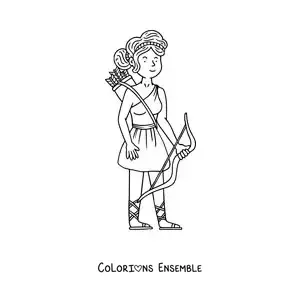 Coloriage d’Artémis en dessin animé avec son arc et ses flèches