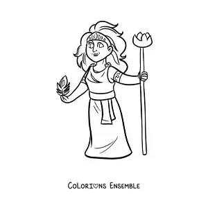 Coloriage de la déesse Héra en dessin animé avec une plume de paon