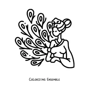 Coloriage de la déesse grecque Héra avec des plumes de paon
