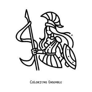 Coloriage de la déesse Athéna en dessin animé avec son casque et son bouclier