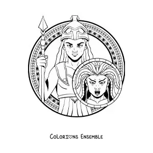 Coloriage d’Athéna et de son casque de guerrière, avec une lance et son bouclier