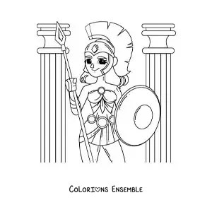 Coloriage de la déesse Athéna en dessin animé avec sa lance et son armure