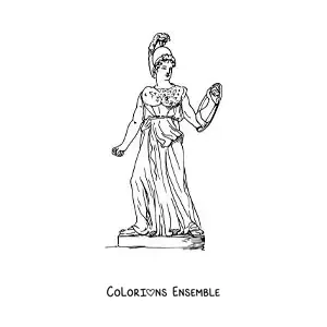 Coloriage d’une statue de la déesse grecque Athéna réaliste avec son bouclier