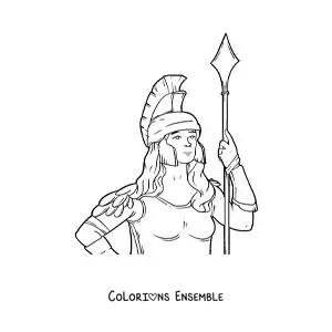 Coloriage d’Athéna avec son casque et sa lance dans un style réaliste