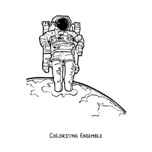 Image à colorier d’un astronaute en combinaison spatiale réaliste flottant au-dessus de la Terre