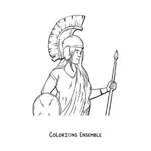 Coloriage d’Athéna avec son casque et son bouclier dans un style réaliste