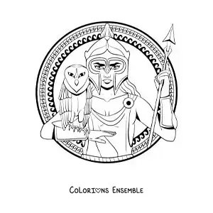 Coloriage de la déesse Athéna en dessin animé avec sa chouette et son casque