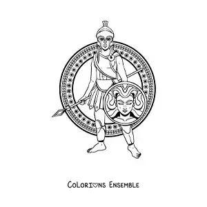 Coloriage de la déesse grecque Athéna en dessin animé avec son bouclier et son casque