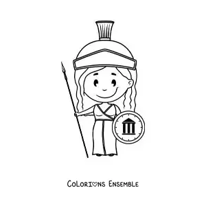 Coloriage d’Athéna et de sa lance dans un style kawaii animé