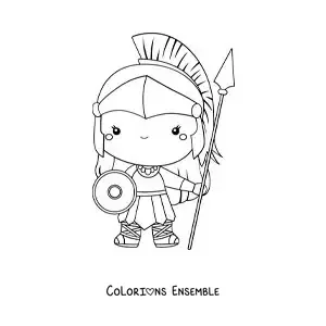 Coloriage d’Athéna kawaii en dessin animé avec son bouclier et son casque