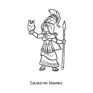Coloriage d’Athéna, la déesse de la sagesse, en dessin animé avec sa chouette