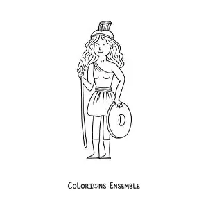 Coloriage d’Athéna, la déesse grecque, en dessin animé avec sa lance et son bouclier de guerrière