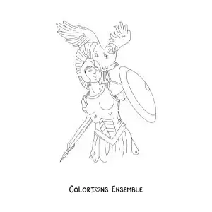 Coloriage de la déesse Athéna avec sa chouette et son bouclier dans un style réaliste