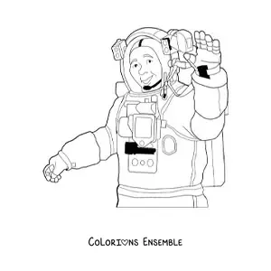 Image à colorier d’un astronaute réaliste qui salue