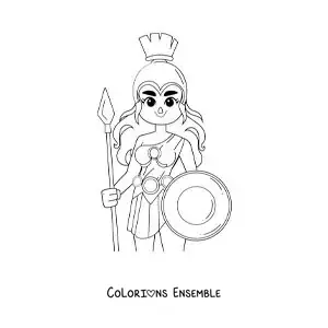Coloriage de la déesse Athéna avec son casque et son bouclier dans un style animé